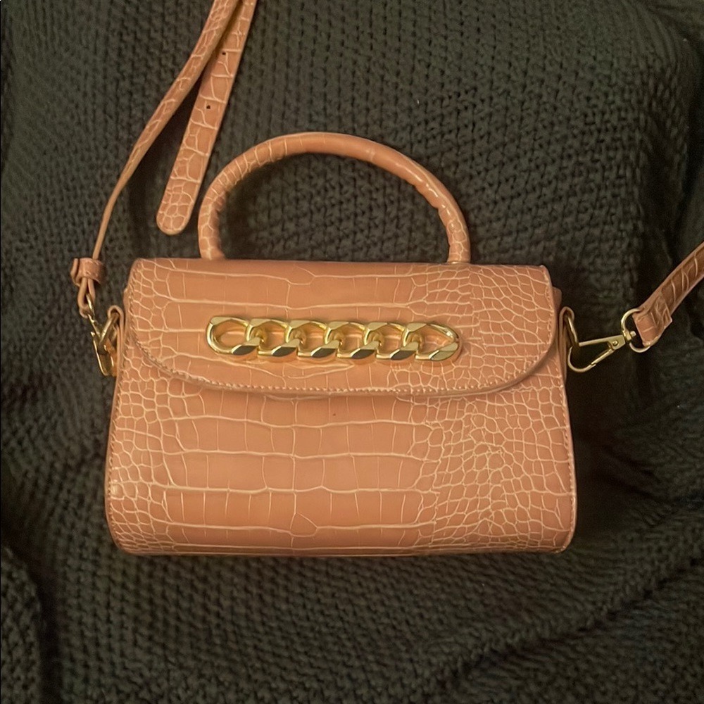 Tan Gold Crossbody Bag with Croc-Embossed Design